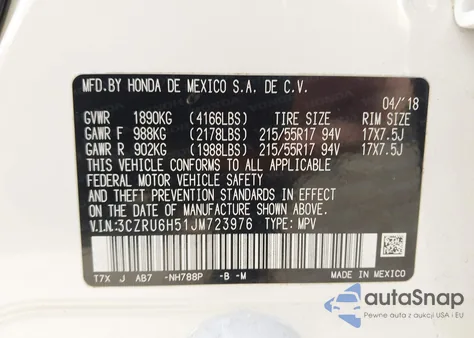2018 Honda Hr-V Ex from USA, damaged, VIN 3CZRU6H51JM723976
